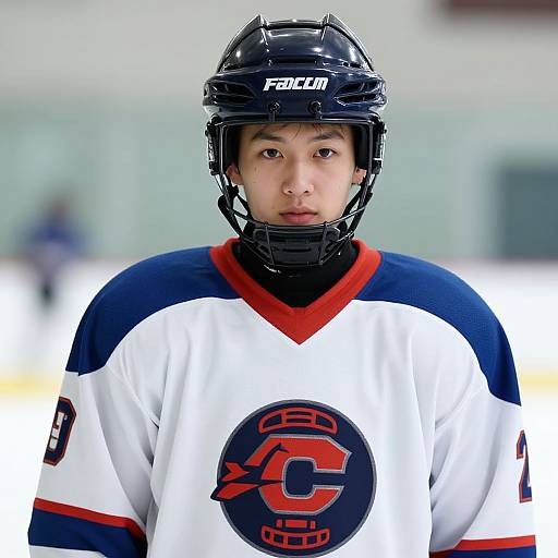 Young Asian male hockey player in white, blue, and red jersey with black helmet, standing on ice rink, focused expression. Photographic image.