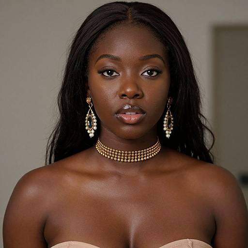 Photograph of a beautiful, dark-skinned Black woman with long black hair, wearing gold chandelier earrings and a gold choker necklace, with a