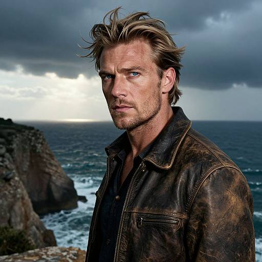 Photograph of a rugged, blue-eyed, blond-haired man with a leather jacket, standing by a stormy ocean with rocky cliffs.