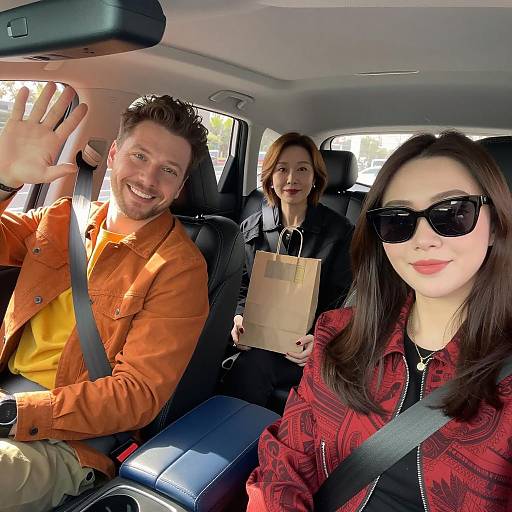 Three Friends Inside Car on Sunny Day