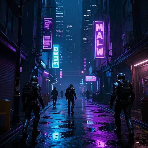 Neon-lit cyberpunk alley at night, raining; four masked figures in dark tactical gear walk down a wet, illuminated street with glowing 