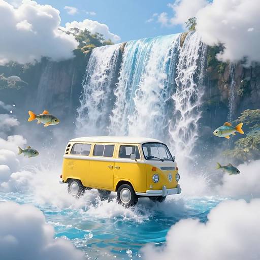 Photorealistic digital artwork of a yellow vintage Volkswagen van splashing through a tropical waterfall, surrounded by colorful fish and fluffy clouds. Bright, vibrant,