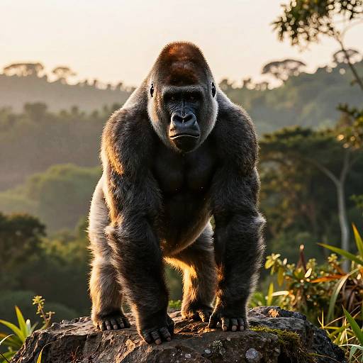 Silverback Gorilla on Rocky Outcrop at Golden Hour