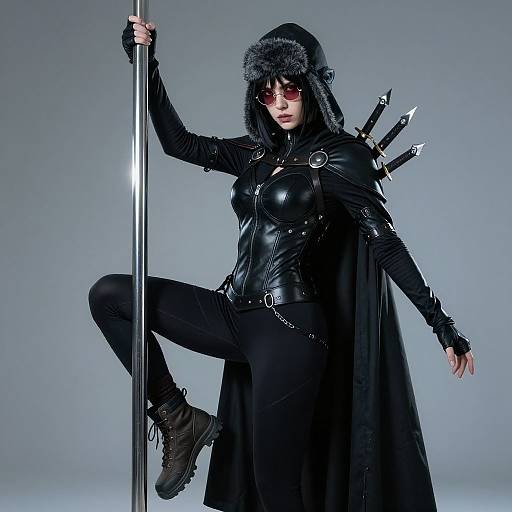 Photograph of a fierce, hooded woman in black leather armor, holding a pole, with quivers on her back, against a gray background.