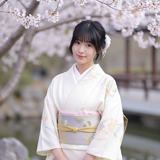 Photograph of an Asian woman with black hair, wearing a white kimono with floral patterns, yellow obi, and white flower hairpin, standing