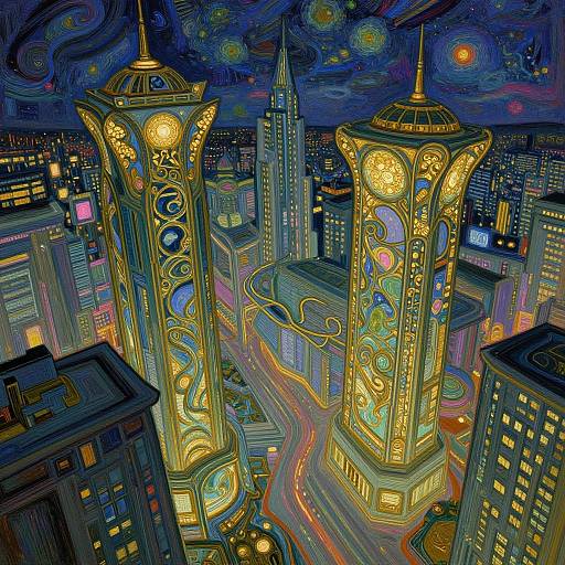 Vibrant digital artwork of a futuristic cityscape with two ornate, clock-towered skyscrapers illuminated in swirling neon patterns, set against a
