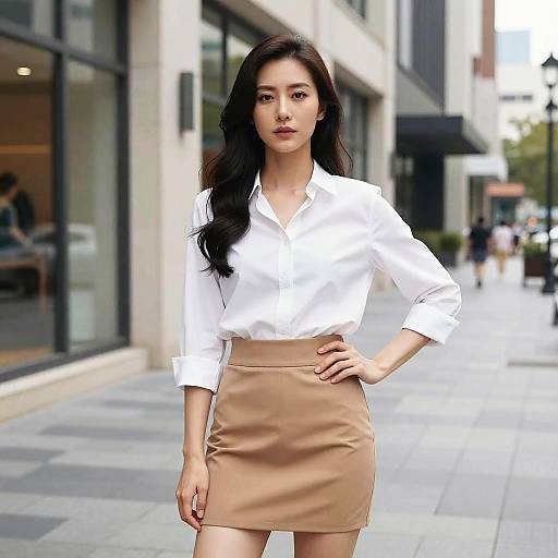 Photograph of an Asian woman with long black hair, wearing a white button-up shirt and tan mini-skirt, standing confidently on a city sidewalk.