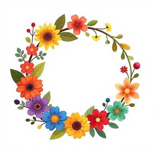 Vibrant floral wreath illustration featuring colorful flowers, including sunflowers, red and orange blossoms, blue and purple daisies, with green