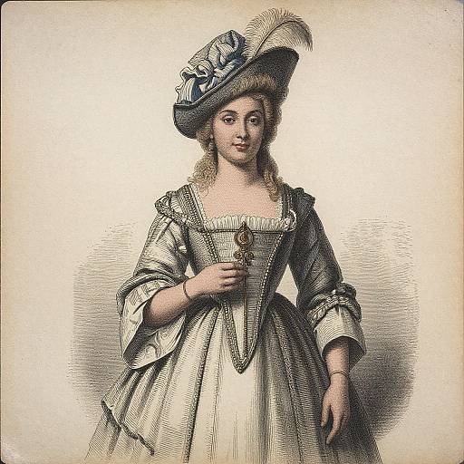 18th-century illustration of a young woman in a detailed, puffed-sleeve dress and large hat with a blue ribbon and feather.