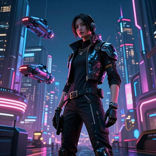 Cyberpunk cityscape photograph: Dark-haired woman in black leather jacket, gloves, and pants, stands confidently, neon-lit skyscrapers,