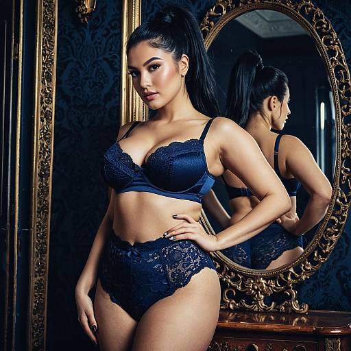 Confident Woman in Navy Blue Lace Lingerie