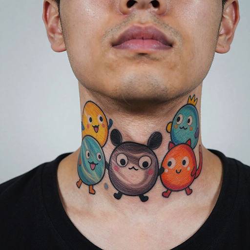 Colorful Cartoon Neck Tattoos Close-Up