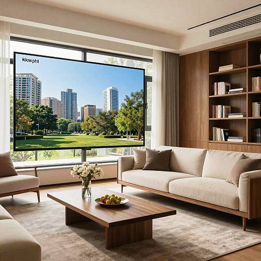 Modern Living Room with City Park View