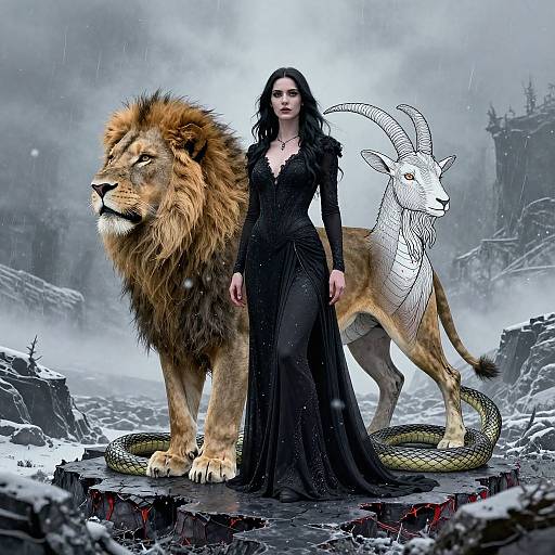 Digital artwork of a dark-haired woman in a black gown standing between a roaring lion and a horned, snake-entwined goat. Snowy