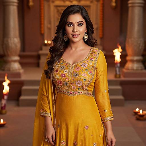 Photograph of an Indian woman with long dark hair, wearing a yellow embroidered traditional outfit, standing in a dimly lit temple with candles.
