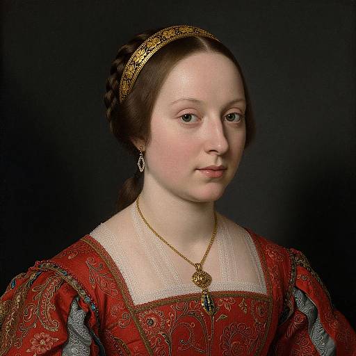Photograph of a pale-skinned, brown-haired woman in a red, ornate Renaissance dress with gold headband, earrings, and necklace, against