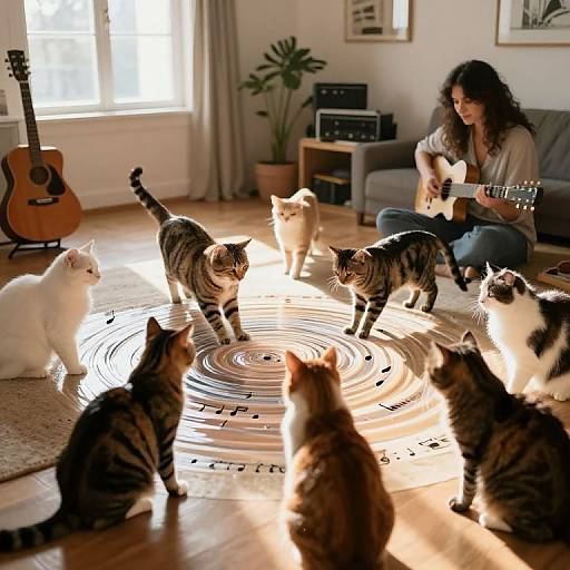Photograph of a woman with long brown hair playing guitar, surrounded by seven cats on a musical pattern rug in a sunlit living room.