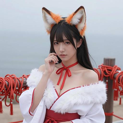 Asian Woman in White and Red Fox Kimono Costume