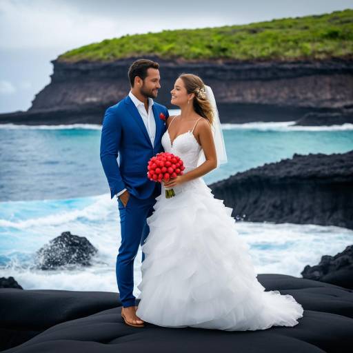 Bride and Groom on Volcanic Shore