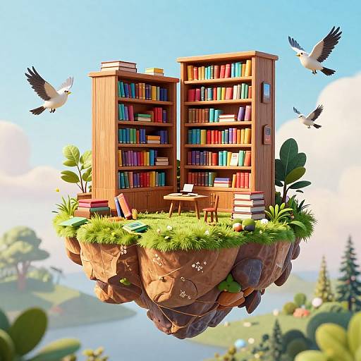 Digital illustration of two wooden bookshelves with colorful books, floating on a grassy rock island, surrounded by birds and a scenic landscape.