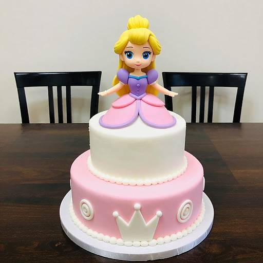 Photograph of a two-tiered pink and white cake with a fondant Princess Peach figurine on top, seated, with a white crown on the