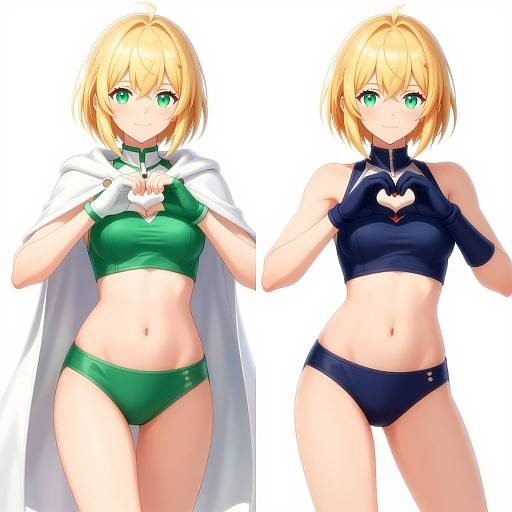Digital anime-style artwork of a blonde woman with green eyes, showing two outfits: green bikini with cape and white collar, and navy blue bikini with heart