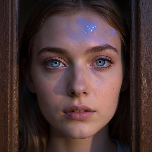 Photograph of a young woman with striking blue eyes, glowing blue specks on her forehead, and serious expression, framed by dark wooden panels.