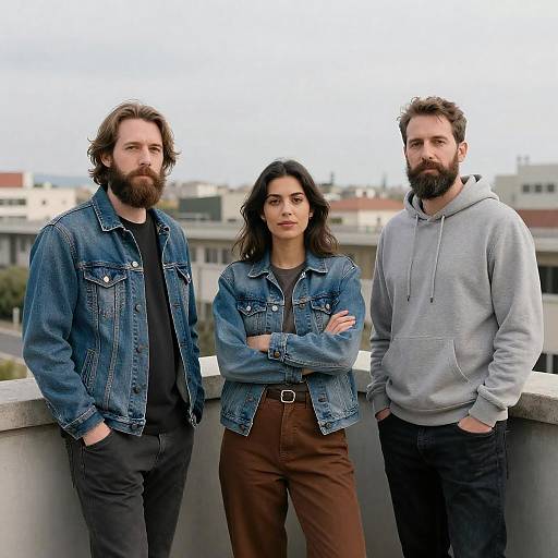 Three People on Urban Concrete Balcony