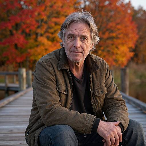 Photograph of middle-aged man with gray hair, wearing brown jacket and black shirt, sitting on wooden bridge with vibrant autumn foliage in background.