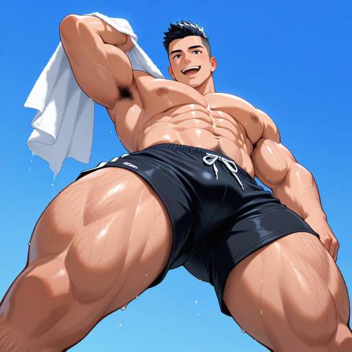 Muscular Male in Swimwear Against Blue Muscular Male in Swimwear Against Blue