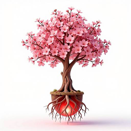 Digital illustration of a cherry blossom tree with pink flowers, twisted brown trunk, exposed roots, and a glowing red orb at its base.