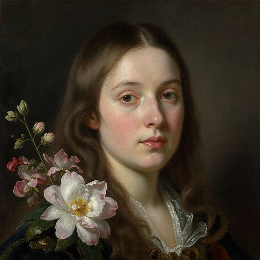 Photorealistic portrait of a young Caucasian woman with fair skin, long brown hair, and soft pink cheeks, wearing a lace collar, adorned with a