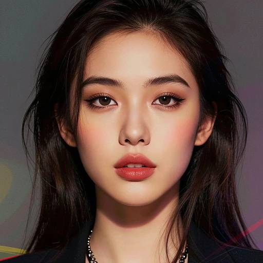 Digital portrait of an East Asian woman with long black hair, fair skin, red lipstick, and subtle makeup, gazing directly at the camera against a