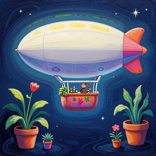 Colorful digital illustration: glowing blimp with red fin carries potted plant-filled basket, surrounded by vibrant flowers and starry night sky.