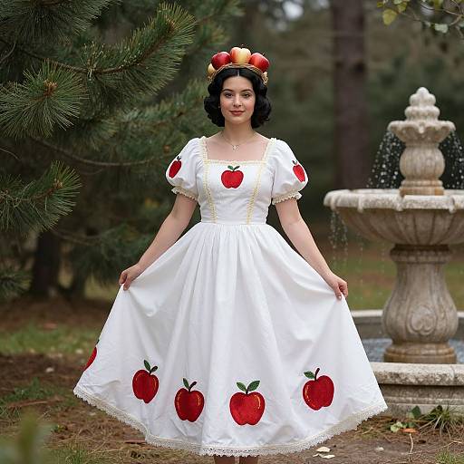 Photograph of a young woman with fair skin, black curly hair, wearing a white apple-print dress, apple crown, standing in a forest by a