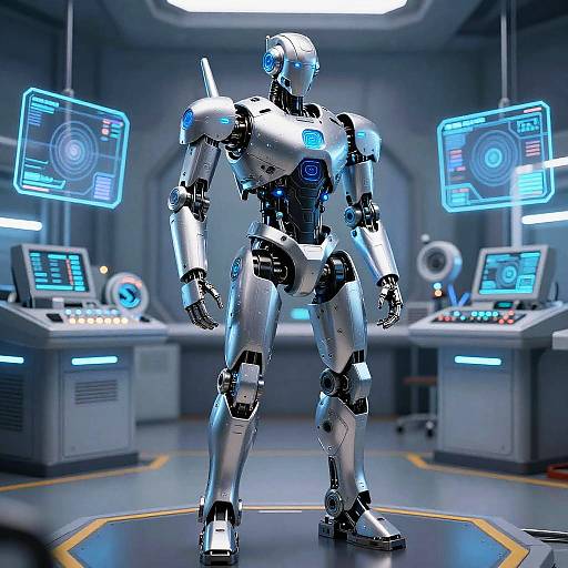Photorealistic CGI of a silver humanoid robot with blue accents standing in a futuristic lab, flanked by glowing blue holographic screens and control panels.