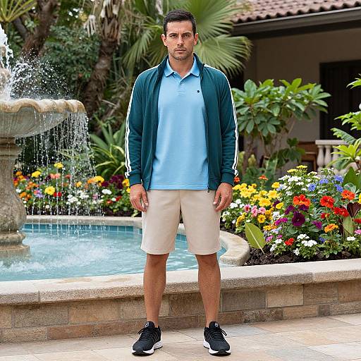 Photograph of a muscular, tan-skinned man with short black hair, wearing a blue polo, green jacket, beige shorts, and black sneakers,