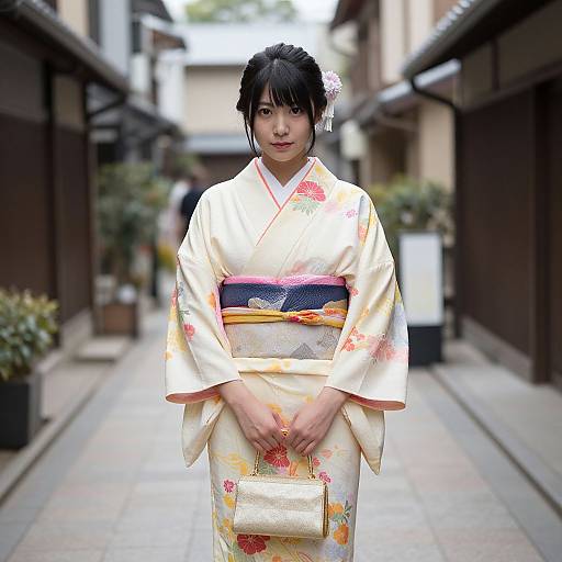 Photograph of an East Asian woman in a traditional white floral kimono with pink and yellow obi, standing in a narrow, blurred Japanese alleyway