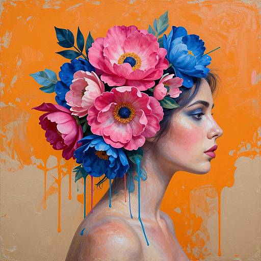 Digital painting of a fair-skinned woman with pink and blue flower crown, blue drips, and orange background, side profile.