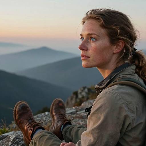 Photograph of a determined, freckled woman with wavy brown hair, wearing a green jacket and brown boots, gazing at distant mountains at