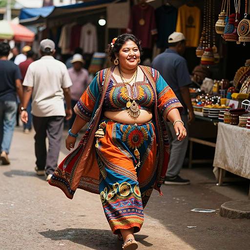 Photograph of a smiling, plus-size woman in vibrant, patterned traditional African attire, walking confidently through a bustling marketplace.