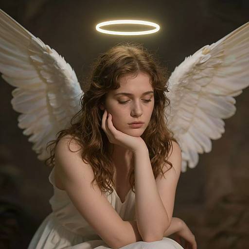 Photograph of a young white woman with wavy brown hair, white angel wings, and a glowing halo, resting her chin thoughtfully, wearing a
