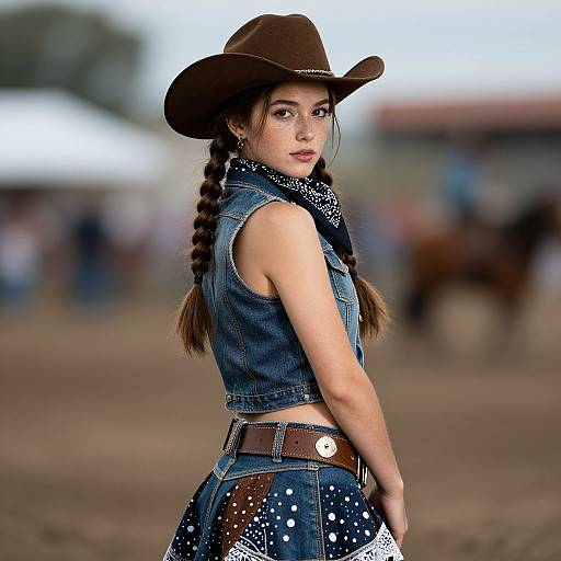 Photograph of a young woman with fair skin, brown braid, wearing a brown cowboy hat, denim sleeveless vest, and blue patterned skirt