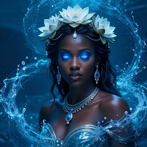 Digital artwork of a dark-skinned, glowing blue-eyed woman with white lotus flowers in her hair, adorned in silver jewelry, surrounded by swirling blue