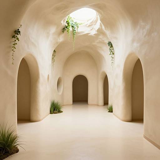 Photograph of a sunlit, cream-colored, arched underground tunnel with smooth, curved walls, small circular windows, hanging green plants, and grass
