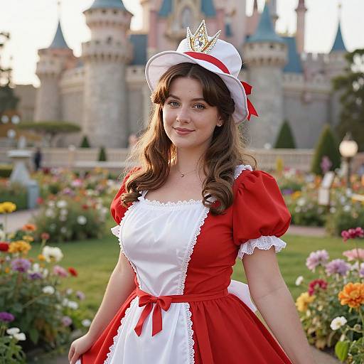 Photograph of a young woman with wavy brown hair, wearing a red and white costume dress with puffed sleeves and a white hat with a gold