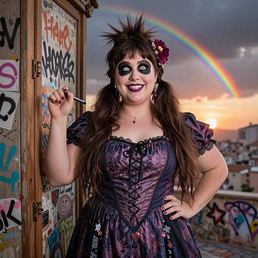 Photograph of a smiling woman with black face paint, spiky hair, and flower, wearing a purple lace dress, holding a pen, standing in