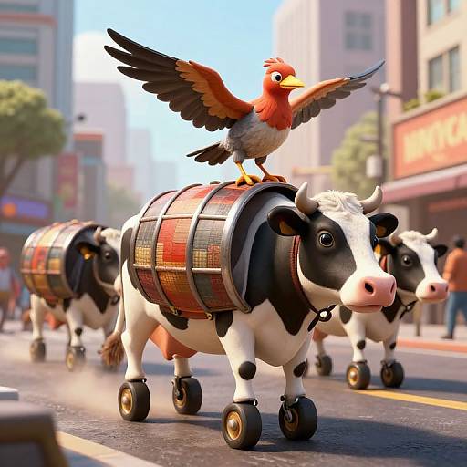 Surreal Cows with Wheeled Legs in City