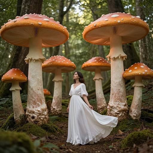Photograph of a woman in a flowing white dress standing among oversized, orange-spotted mushrooms in a lush, forested area.