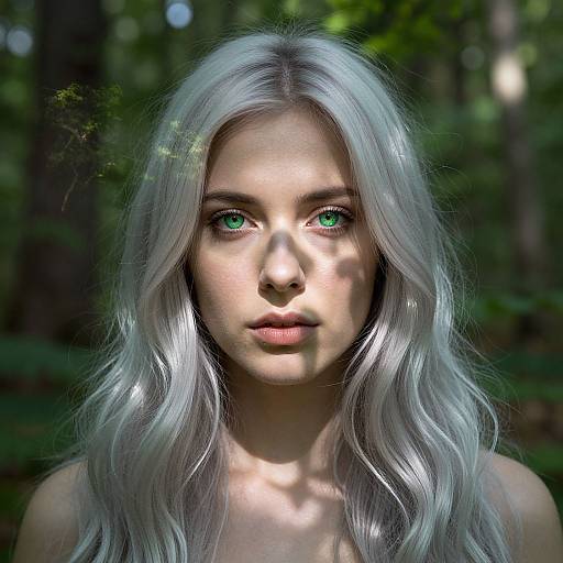 Digital portrait of a young woman with long, silver-white hair and striking green eyes, standing in a sunlit forest.